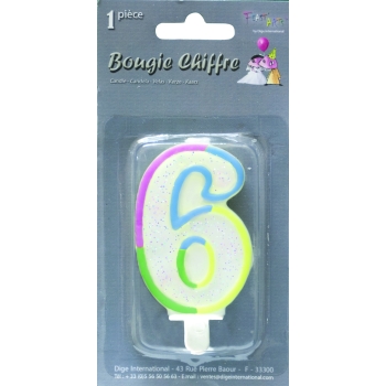 Bougie chiffre paillettée avec support - N°6