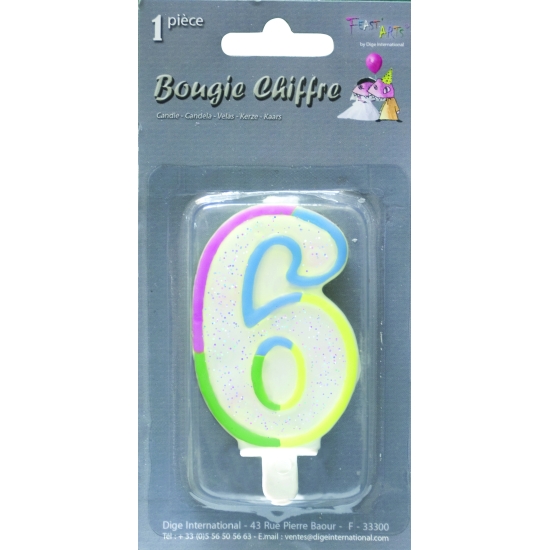 Bougie chiffre paillettée avec support - N°6