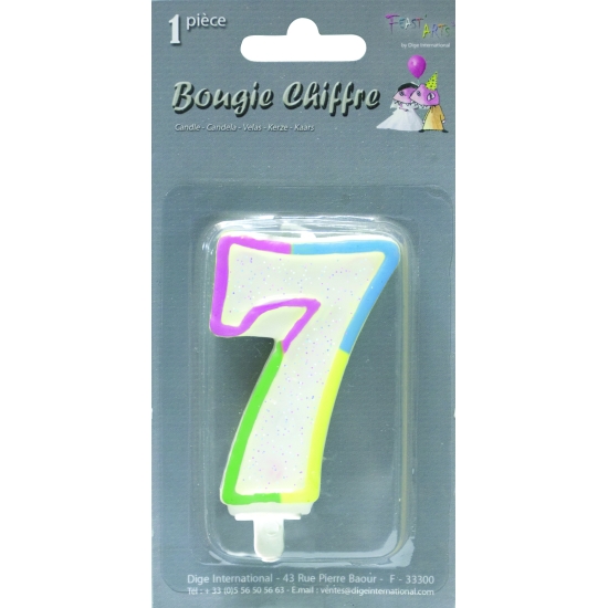 Bougie chiffre paillettée avec support - N°7