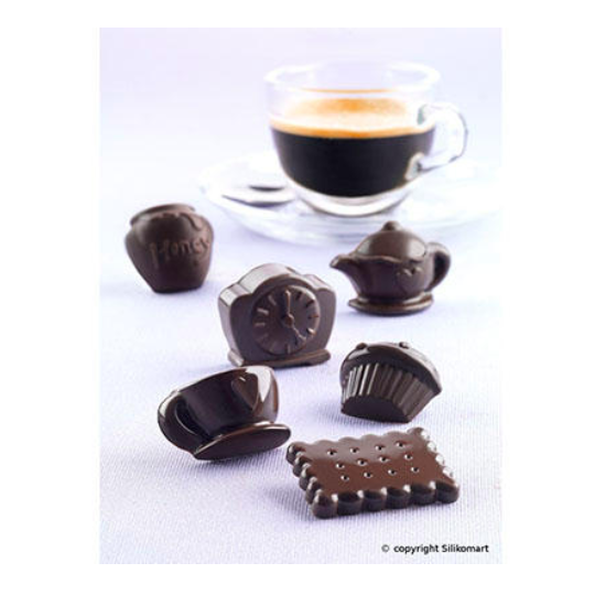 Plaque silicone pour chocolat "Easy Choc": 12 sujets "Tea Time" (plaque de 214 x 106 mm)   